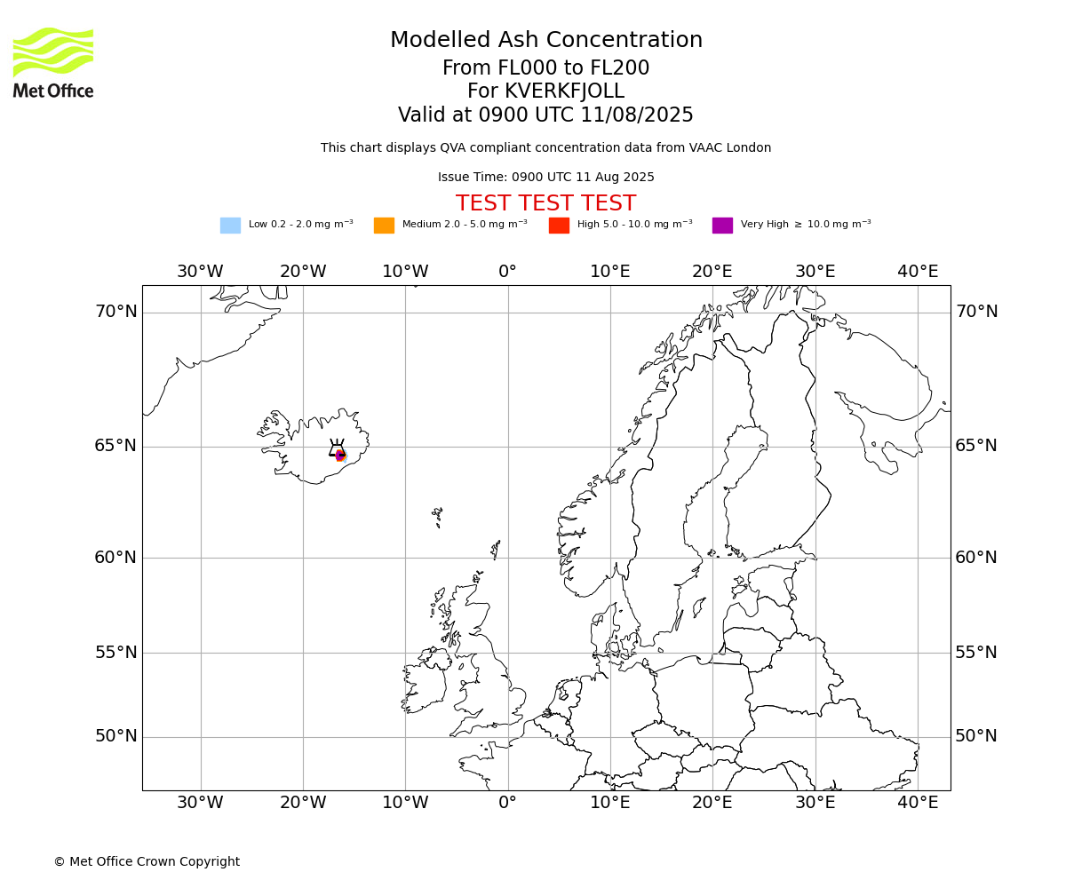 Modelled ash concentration from 000 to 200 for KVERKFJOLL. Valid at 0900 UTC 11/08/2025
