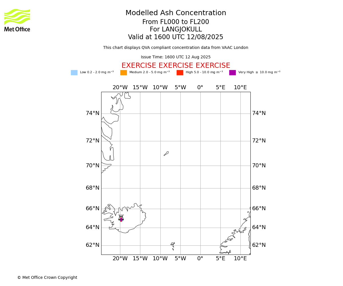 Modelled ash concentration from 000 to 200 for LANGJOKULL. Valid at 1600 UTC 12/08/2025