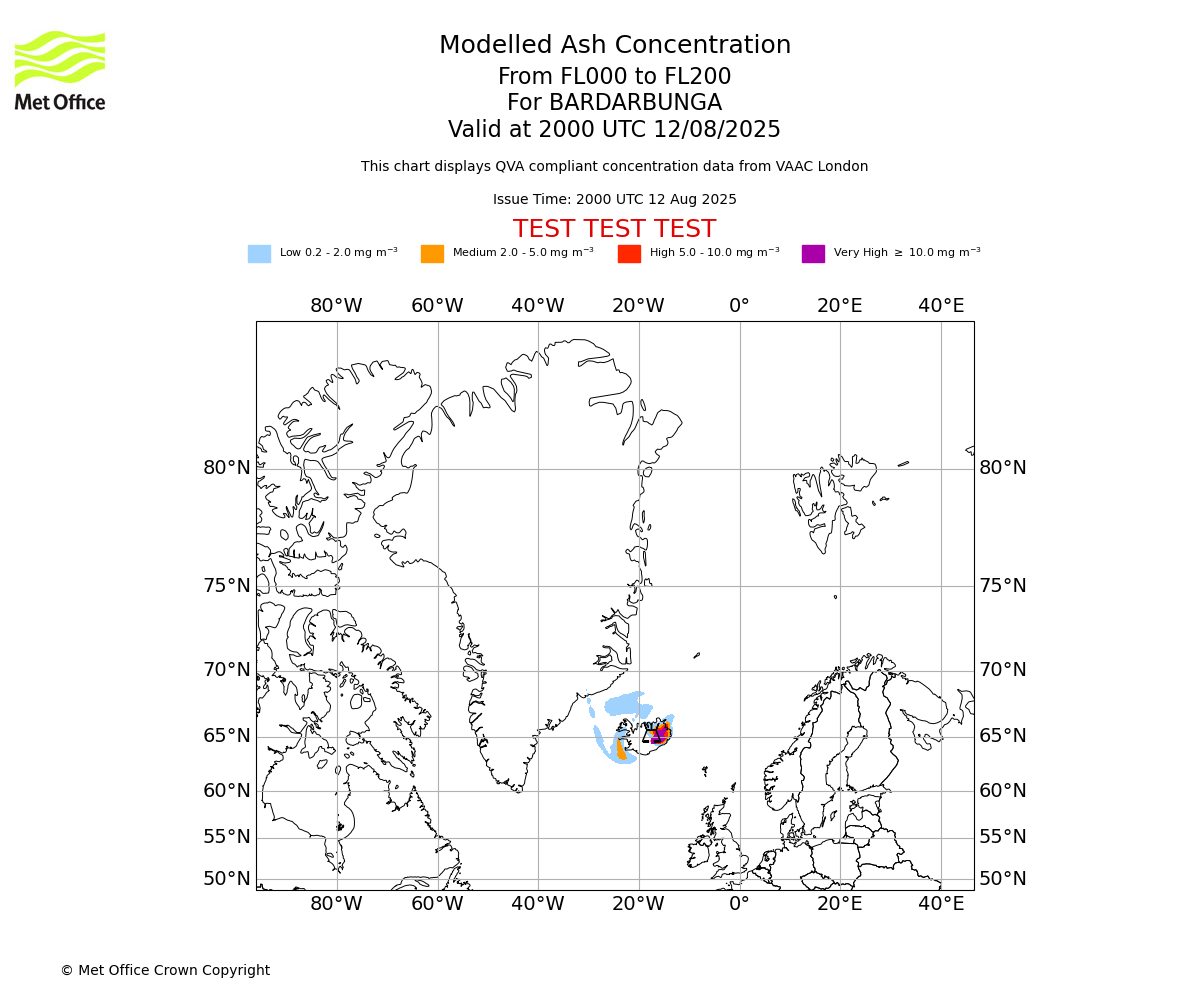 Modelled ash concentration from 000 to 200 for BARDARBUNGA. Valid at 2000 UTC 12/08/2025