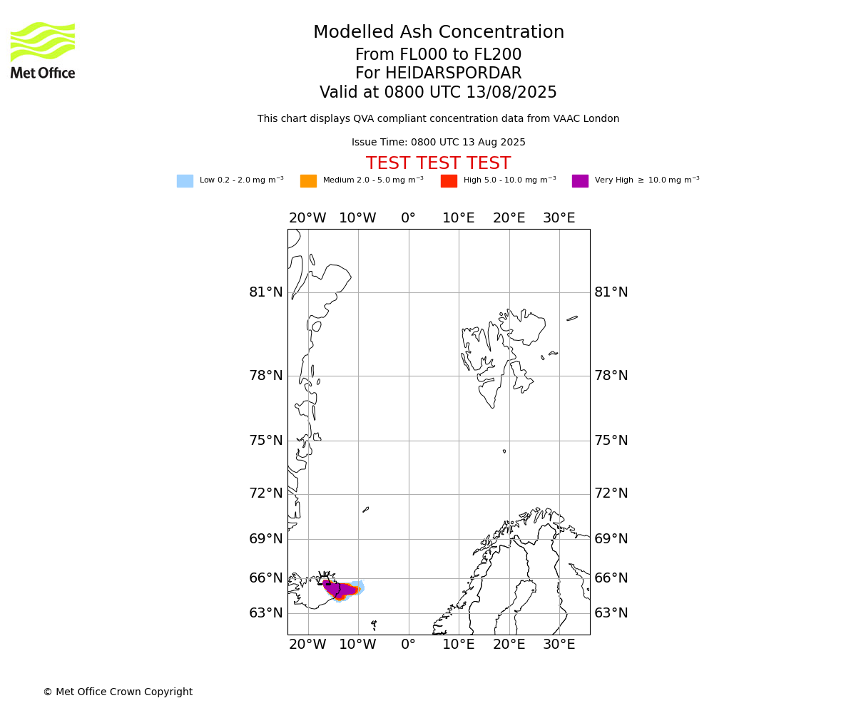 Modelled ash concentration from 000 to 200 for HEIDARSPORDAR. Valid at 0800 UTC 13/08/2025