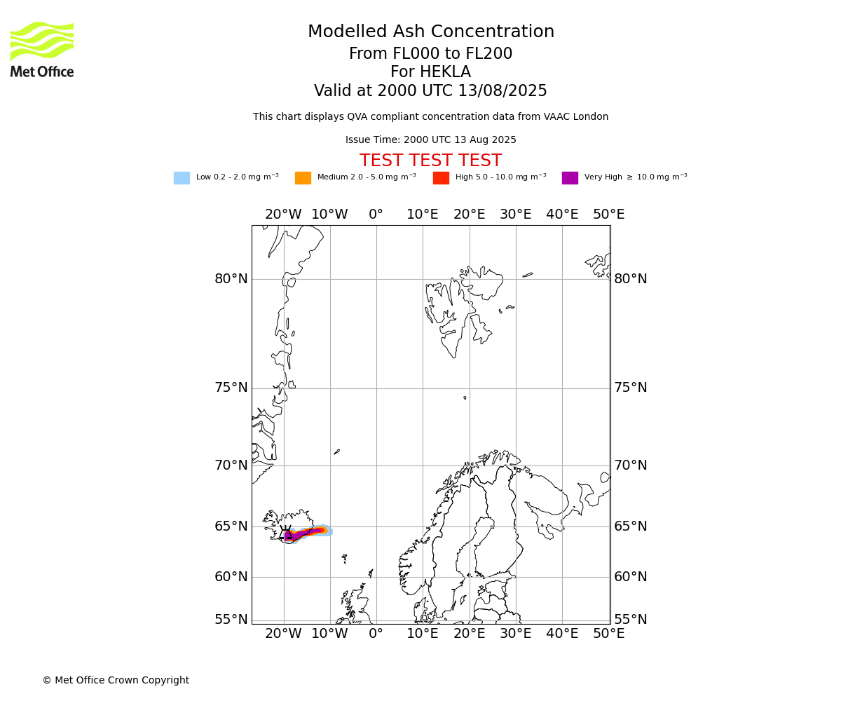 Modelled ash concentration from 000 to 200 for HEKLA. Valid at 2000 UTC 13/08/2025