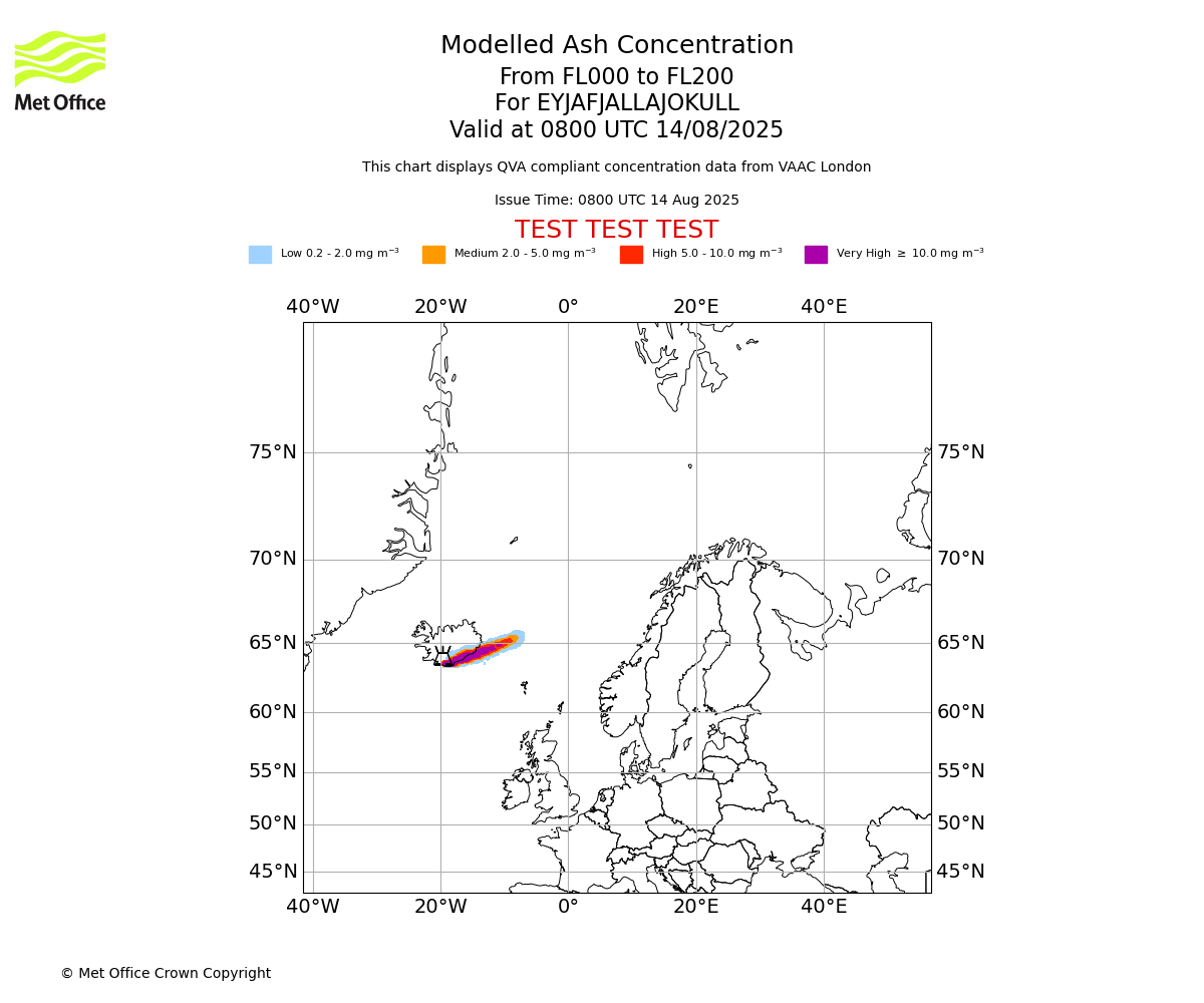 Modelled ash concentration from 000 to 200 for EYJAFJALLAJOKULL. Valid at 0800 UTC 14/08/2025