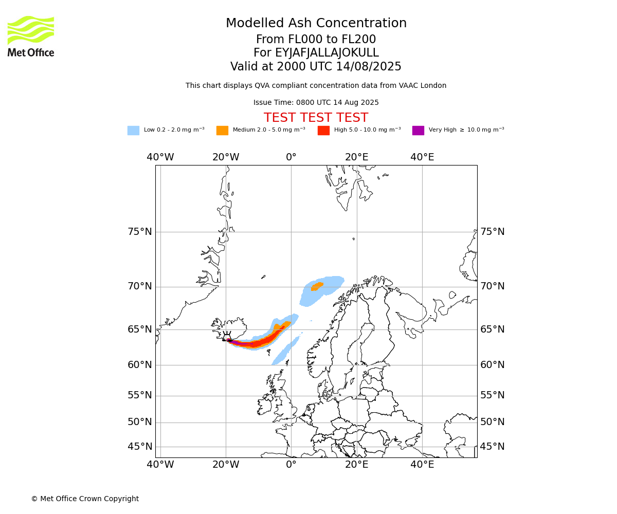 Modelled ash concentration from 000 to 200 for EYJAFJALLAJOKULL. Valid at 2000 UTC 14/08/2025