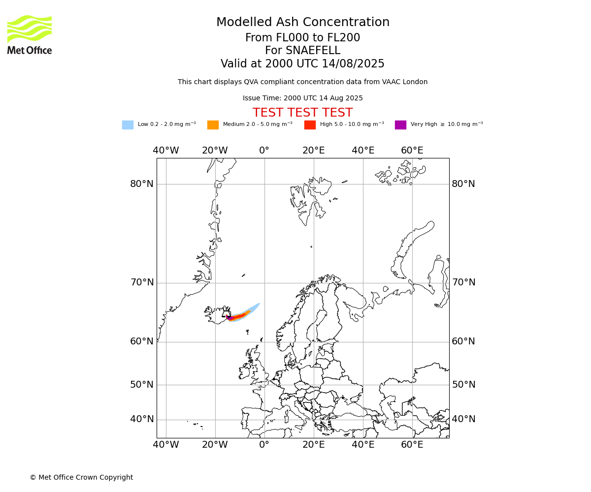 Modelled ash concentration from 000 to 200 for SNAEFELL. Valid at 2000 UTC 14/08/2025