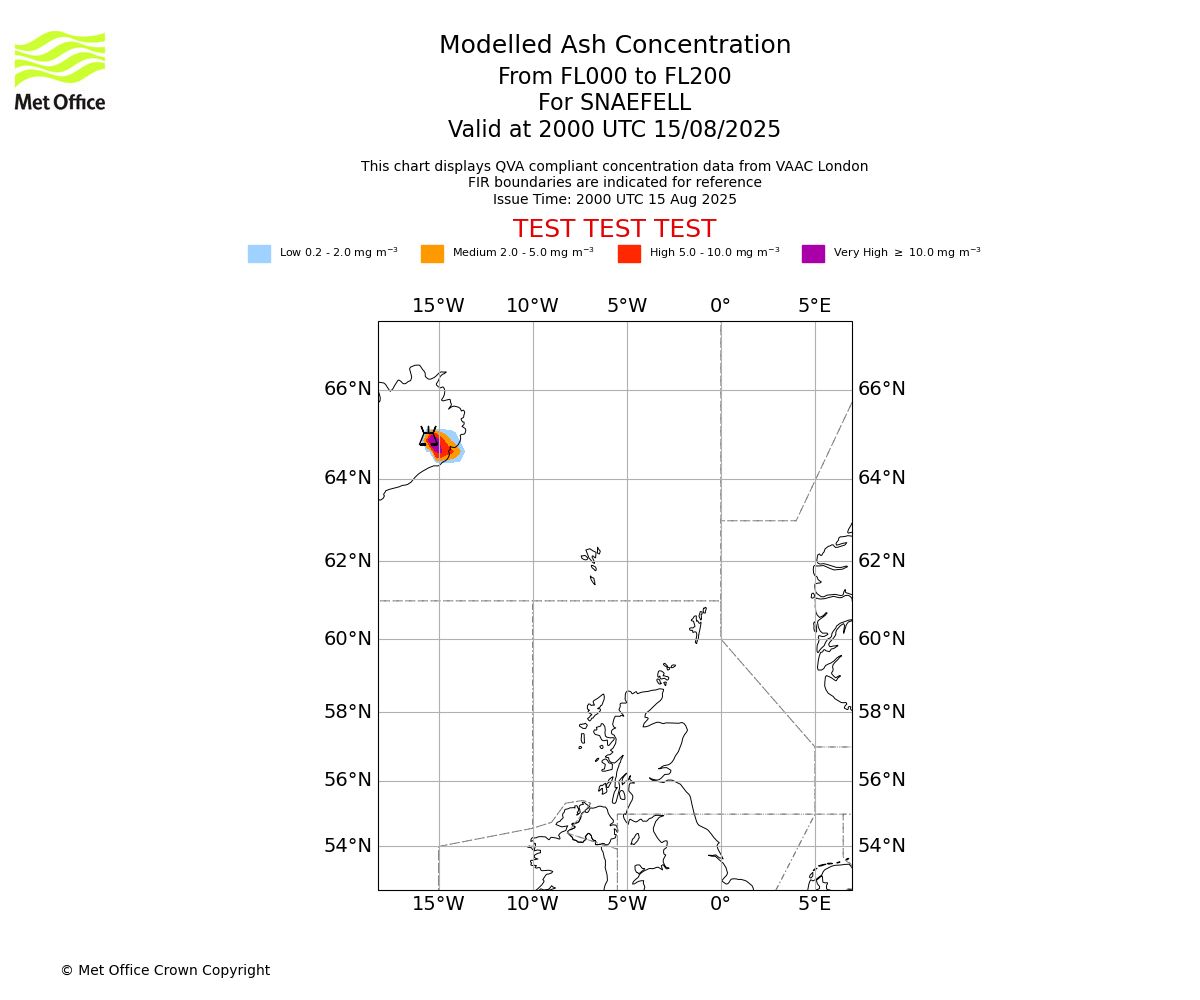 Modelled ash concentration from 000 to 200 for SNAEFELL. Valid at 2000 UTC 15/08/2025