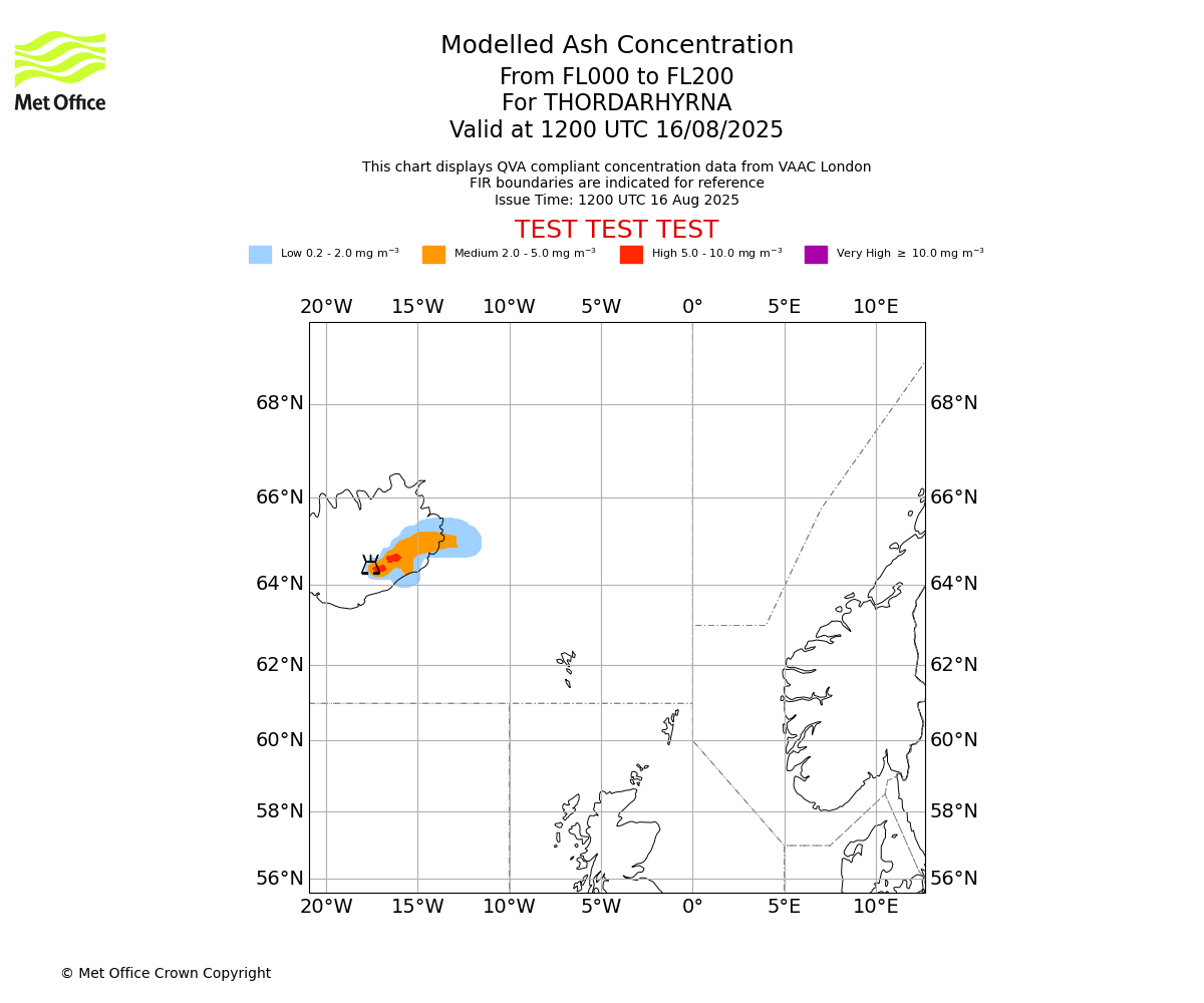 Modelled ash concentration from 000 to 200 for THORDARHYRNA. Valid at 1200 UTC 16/08/2025