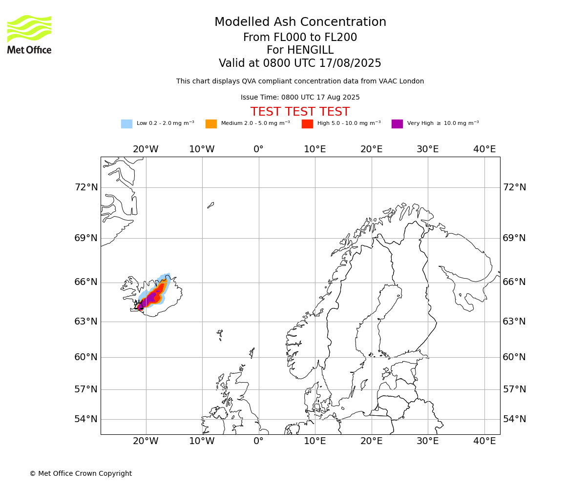 Modelled ash concentration from 000 to 200 for HENGILL. Valid at 0800 UTC 17/08/2025