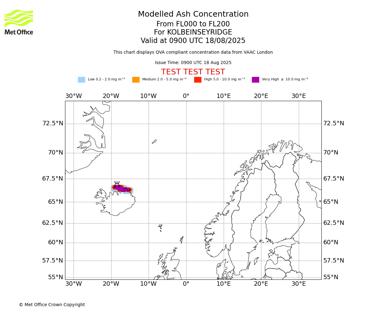 Modelled ash concentration from 000 to 200 for KOLBEINSEYRIDGE. Valid at 0900 UTC 18/08/2025