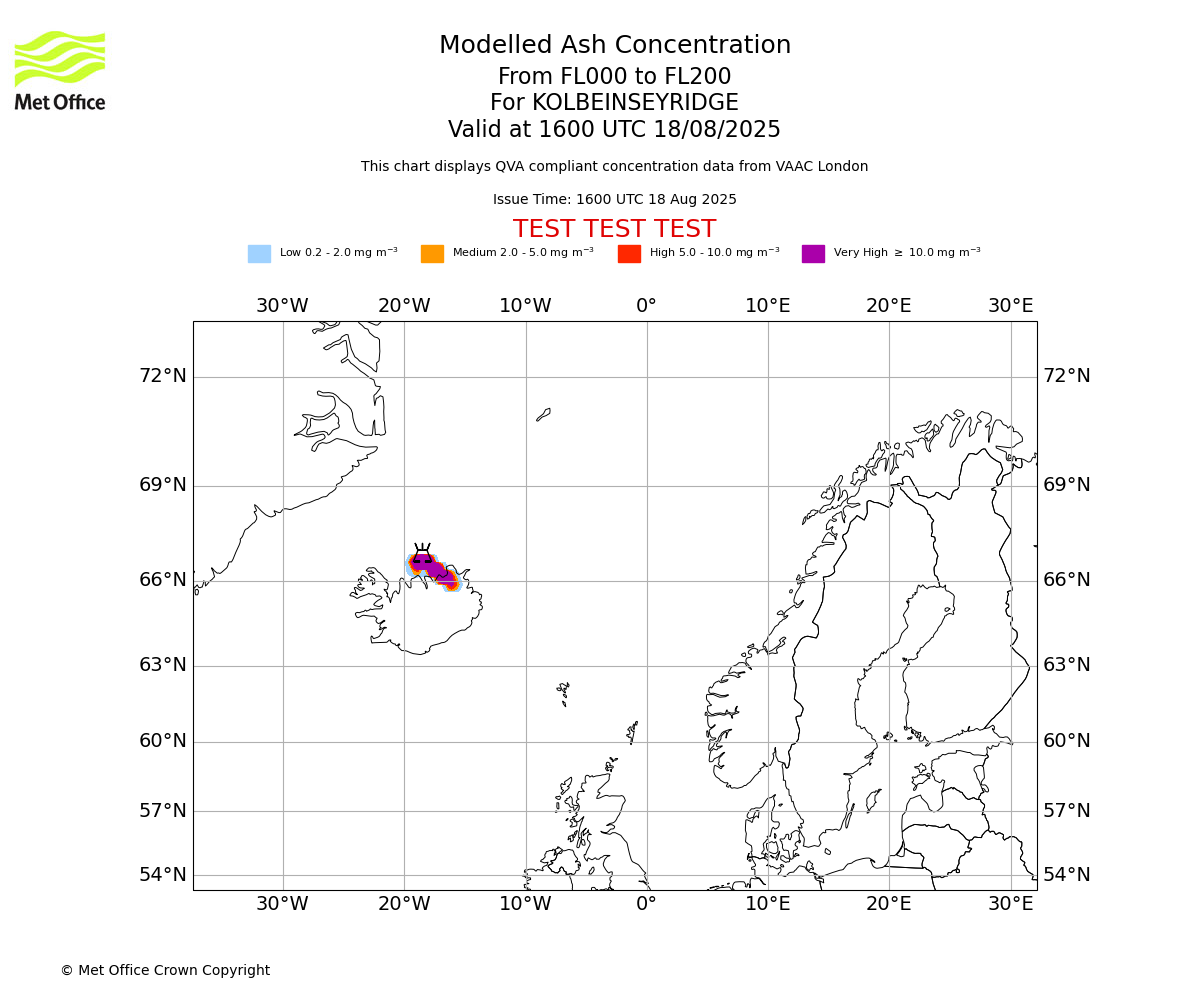 Modelled ash concentration from 000 to 200 for KOLBEINSEYRIDGE. Valid at 1600 UTC 18/08/2025