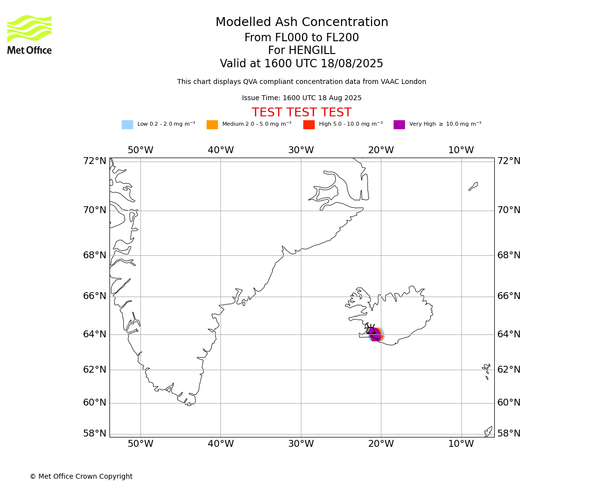 Modelled ash concentration from 000 to 200 for HENGILL. Valid at 1600 UTC 18/08/2025