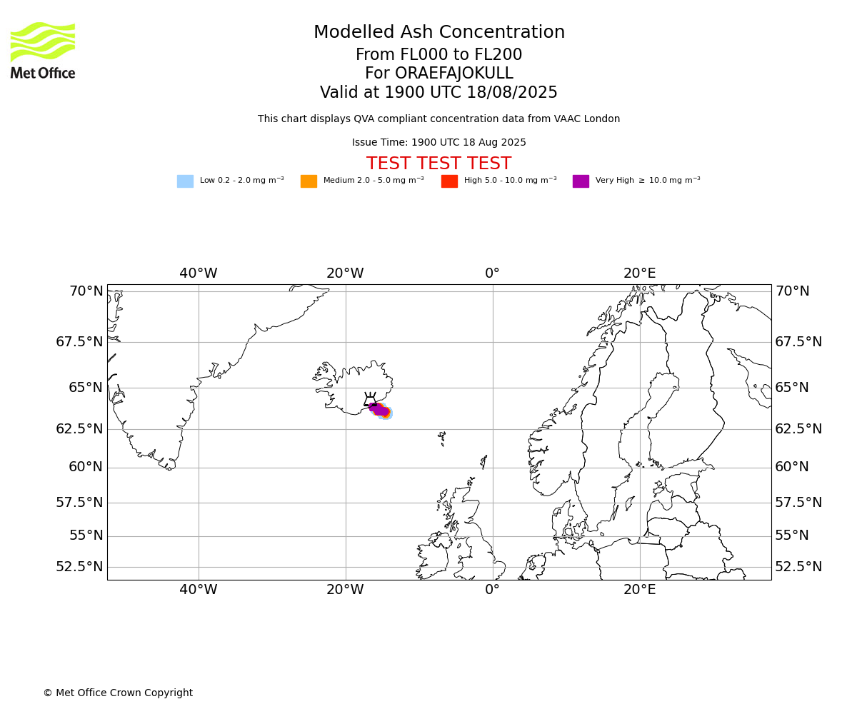 Modelled ash concentration from 000 to 200 for ORAEFAJOKULL. Valid at 1900 UTC 18/08/2025