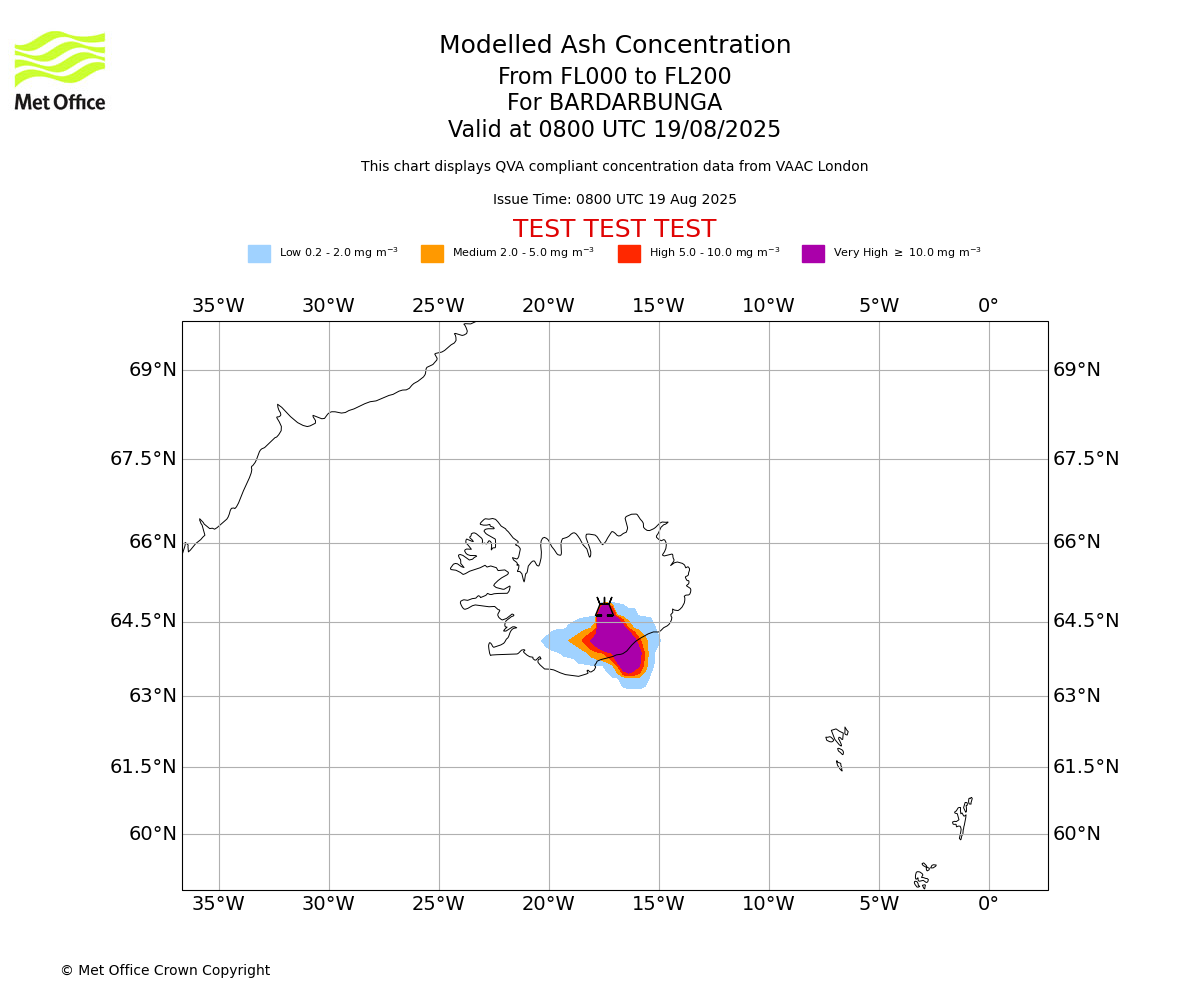 Modelled ash concentration from 000 to 200 for BARDARBUNGA. Valid at 0800 UTC 19/08/2025