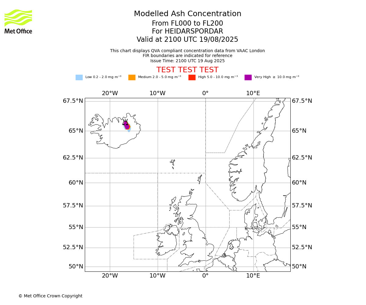 Modelled ash concentration from 000 to 200 for HEIDARSPORDAR. Valid at 2100 UTC 19/08/2025