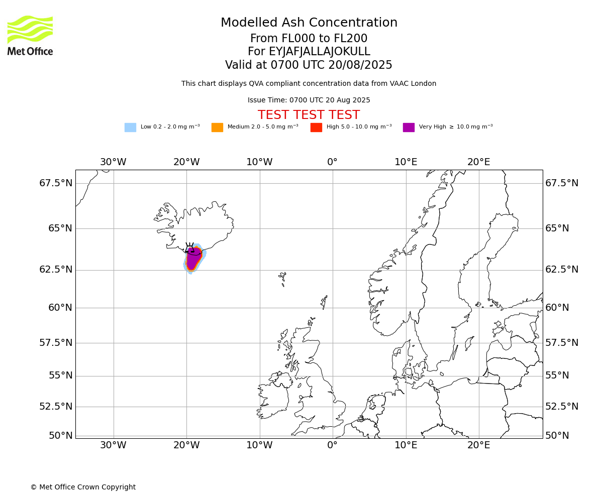 Modelled ash concentration from 000 to 200 for EYJAFJALLAJOKULL. Valid at 0700 UTC 20/08/2025