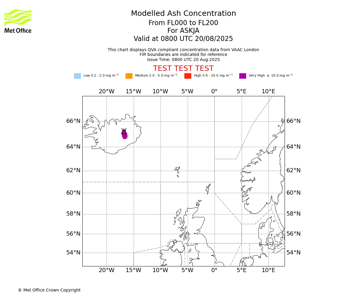 Modelled ash concentration from 000 to 200 for ASKJA. Valid at 0800 UTC 20/08/2025