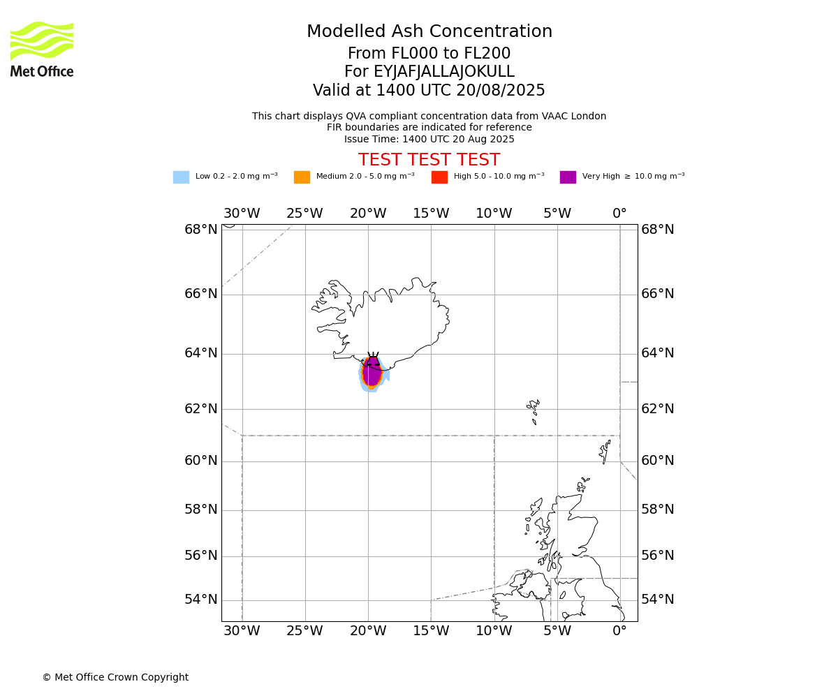 Modelled ash concentration from 000 to 200 for EYJAFJALLAJOKULL. Valid at 1400 UTC 20/08/2025