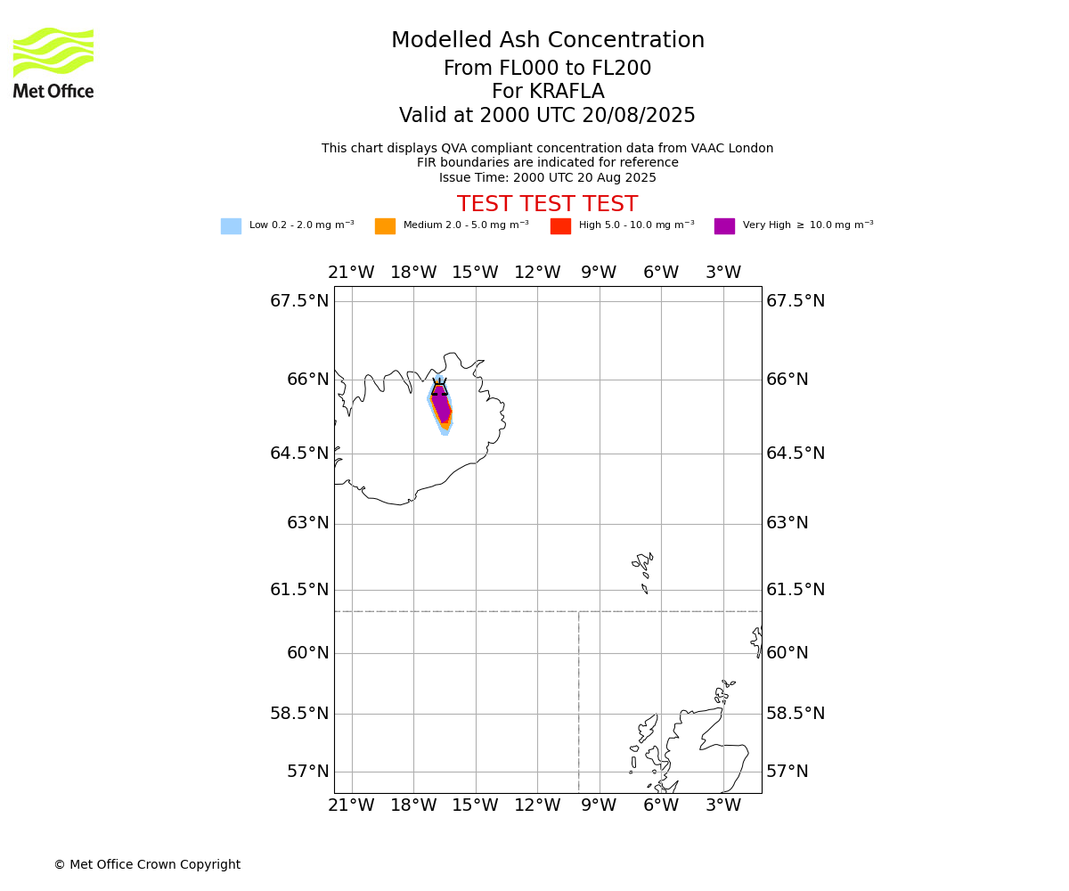 Modelled ash concentration from 000 to 200 for KRAFLA. Valid at 2000 UTC 20/08/2025