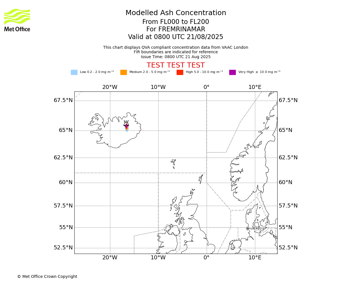 Modelled ash concentration from 000 to 200 for FREMRINAMAR. Valid at 0800 UTC 21/08/2025