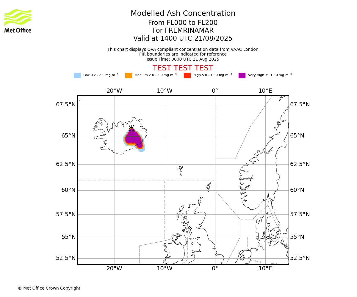 Modelled ash concentration from 000 to 200 for FREMRINAMAR. Valid at 1400 UTC 21/08/2025