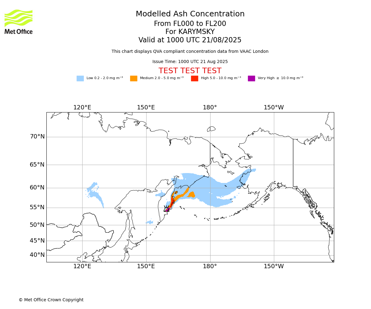 Modelled ash concentration from 000 to 200 for KARYMSKY. Valid at 1000 UTC 21/08/2025