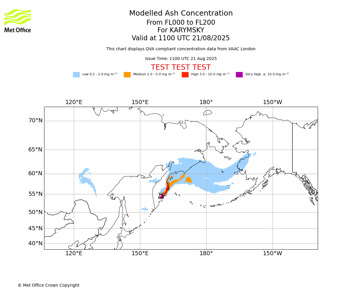 Modelled ash concentration from 000 to 200 for KARYMSKY. Valid at 1100 UTC 21/08/2025