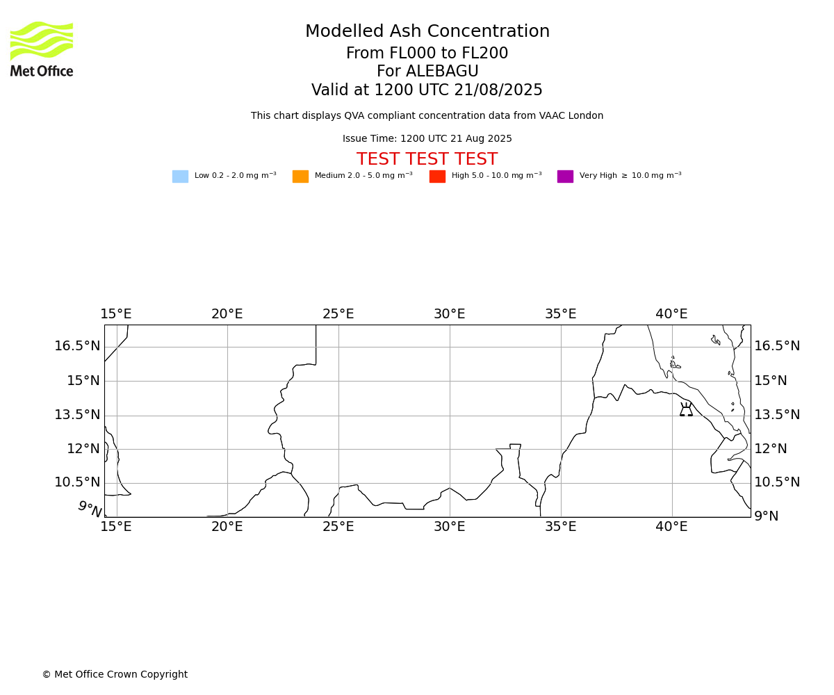 Modelled ash concentration from 000 to 200 for ALEBAGU. Valid at 1200 UTC 21/08/2025