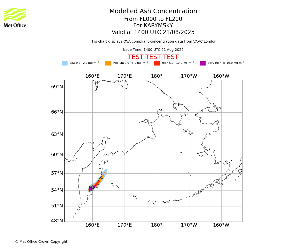 Modelled ash concentration from 000 to 200 for KARYMSKY. Valid at 1400 UTC 21/08/2025