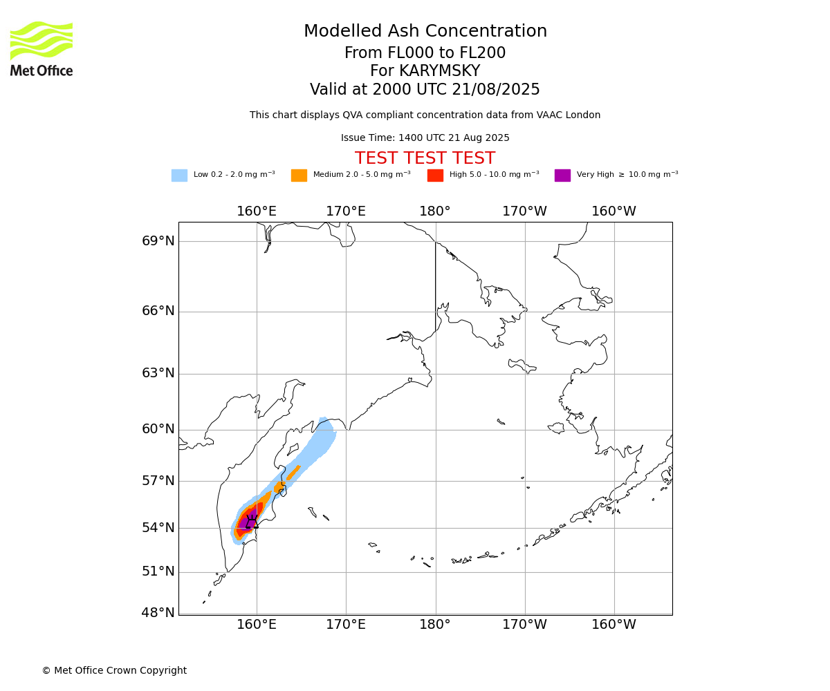 Modelled ash concentration from 000 to 200 for KARYMSKY. Valid at 2000 UTC 21/08/2025