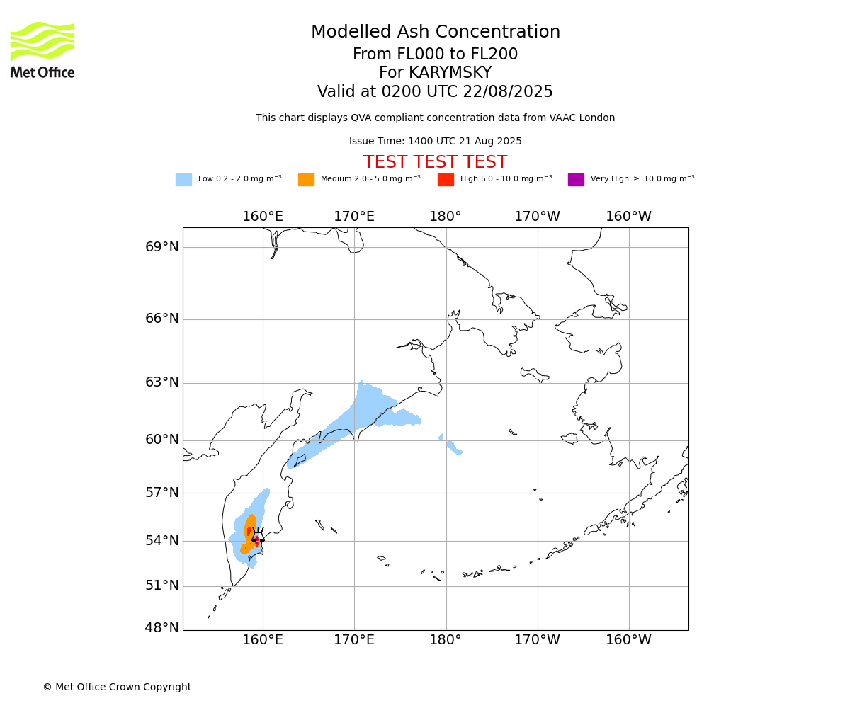 Modelled ash concentration from 000 to 200 for KARYMSKY. Valid at 0200 UTC 22/08/2025