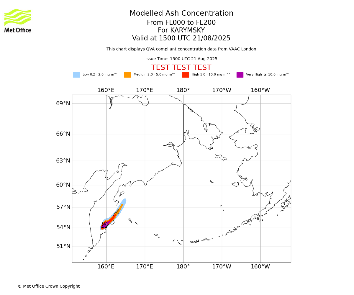 Modelled ash concentration from 000 to 200 for KARYMSKY. Valid at 1500 UTC 21/08/2025