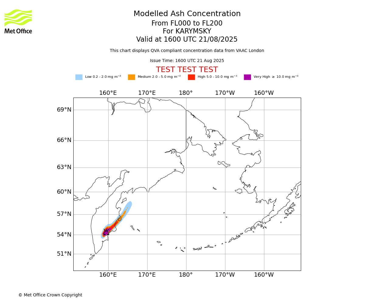 Modelled ash concentration from 000 to 200 for KARYMSKY. Valid at 1600 UTC 21/08/2025