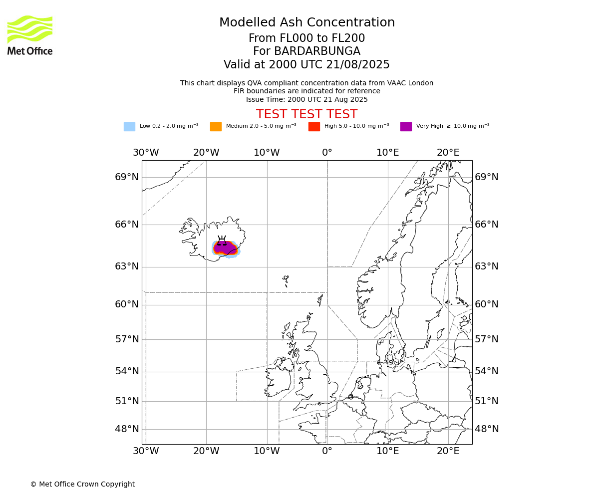 Modelled ash concentration from 000 to 200 for BARDARBUNGA. Valid at 2000 UTC 21/08/2025