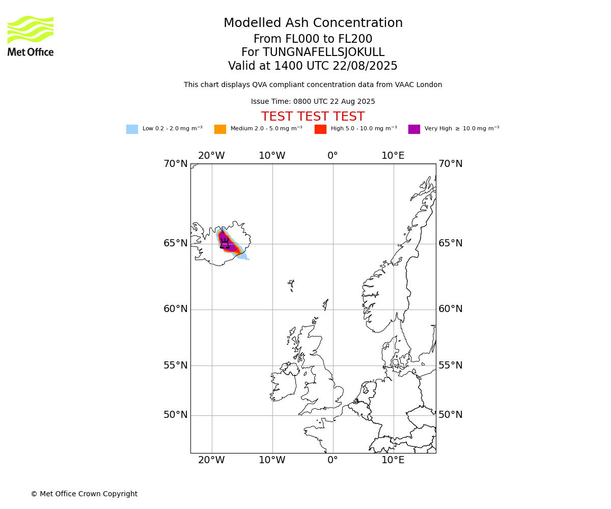 Modelled ash concentration from 000 to 200 for TUNGNAFELLSJOKULL. Valid at 1400 UTC 22/08/2025