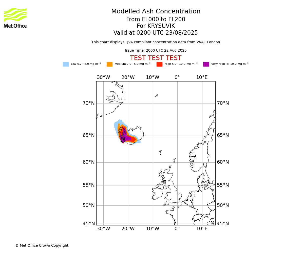 Modelled ash concentration from 000 to 200 for KRYSUVIK. Valid at 0200 UTC 23/08/2025