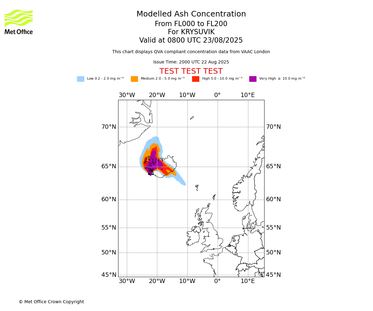 Modelled ash concentration from 000 to 200 for KRYSUVIK. Valid at 0800 UTC 23/08/2025