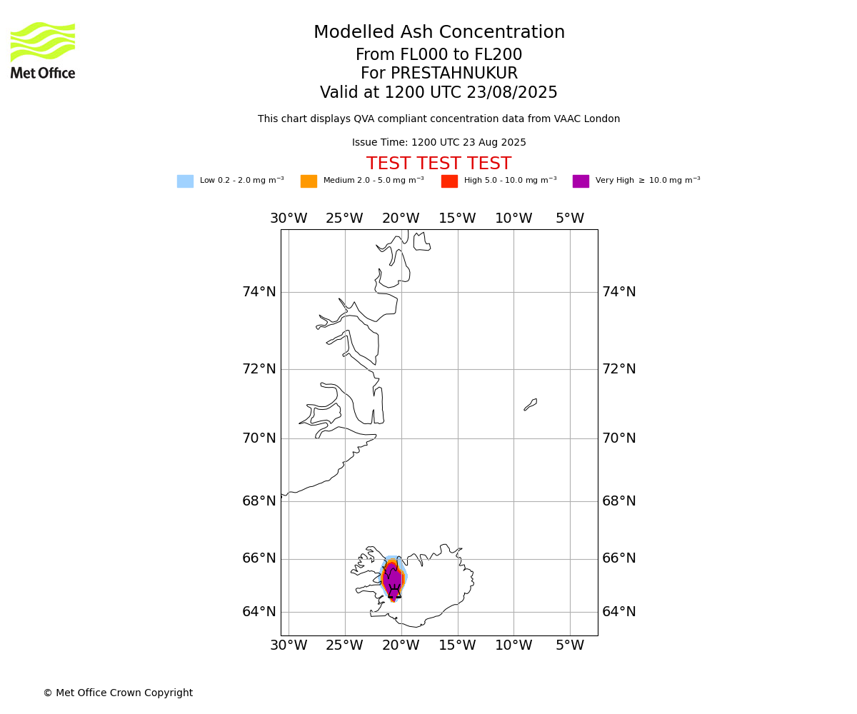 Modelled ash concentration from 000 to 200 for PRESTAHNUKUR. Valid at 1200 UTC 23/08/2025