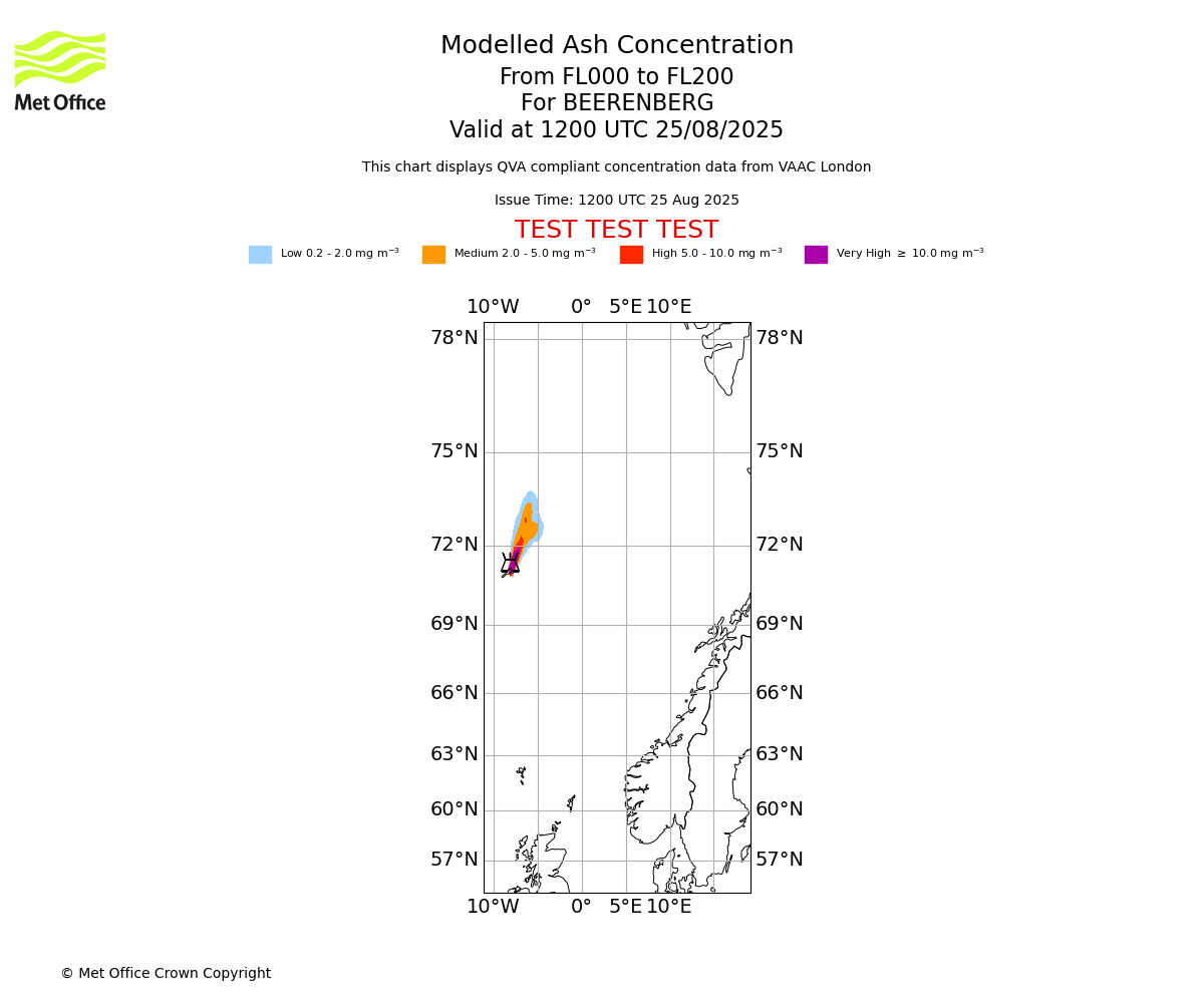 Modelled ash concentration from 000 to 200 for BEERENBERG. Valid at 1200 UTC 25/08/2025
