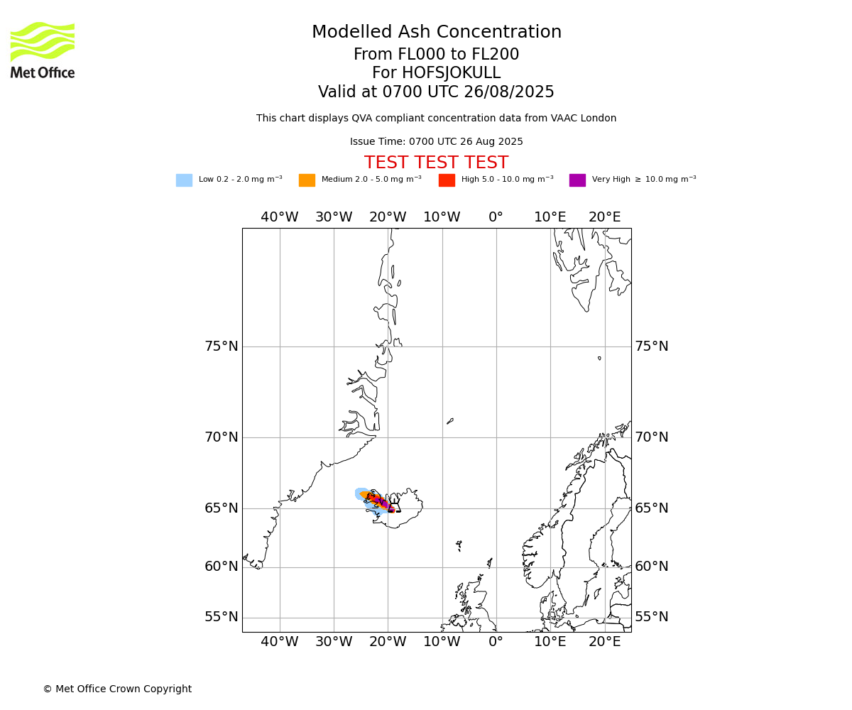 Modelled ash concentration from 000 to 200 for HOFSJOKULL. Valid at 0700 UTC 26/08/2025