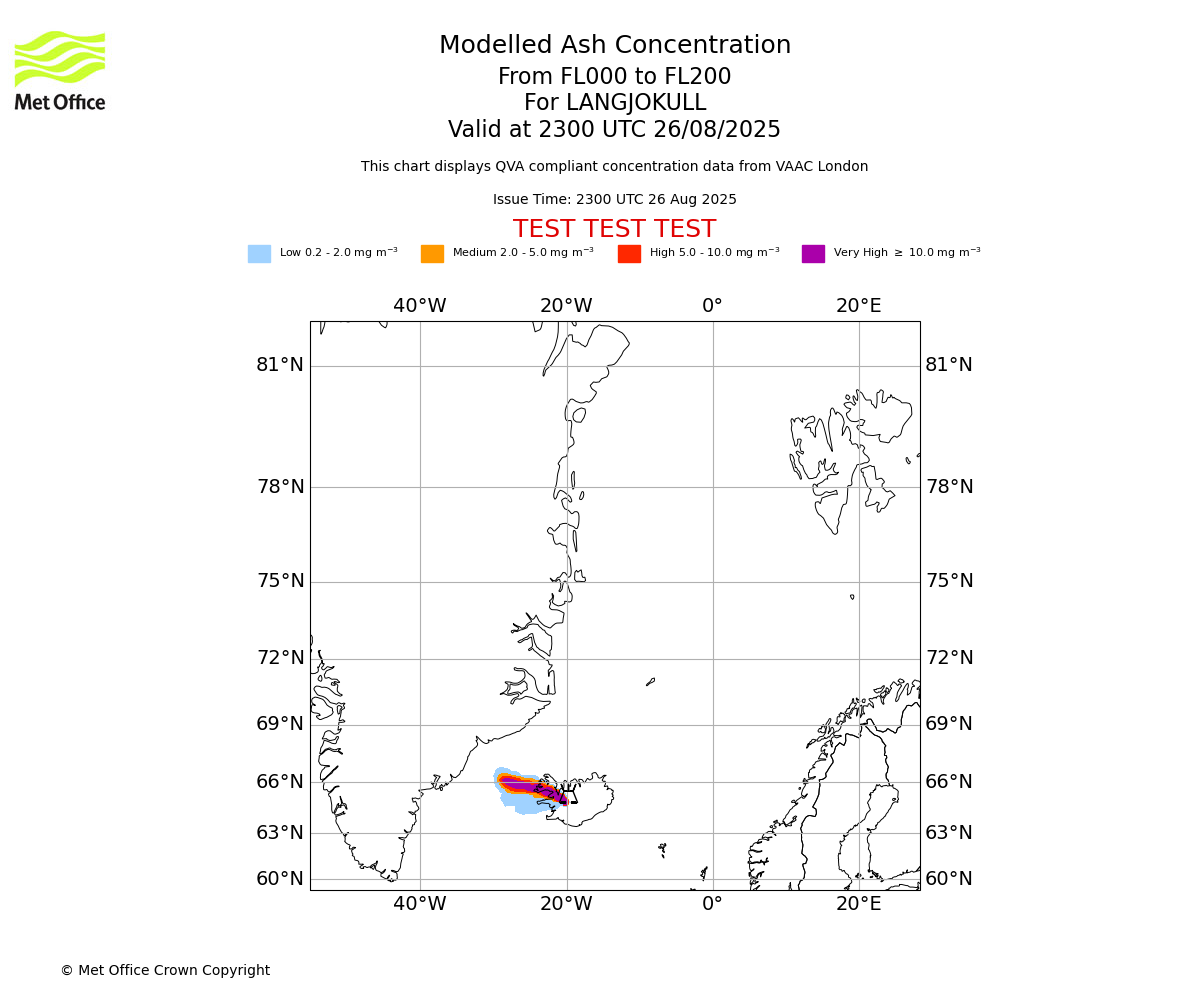 Modelled ash concentration from 000 to 200 for LANGJOKULL. Valid at 2300 UTC 26/08/2025