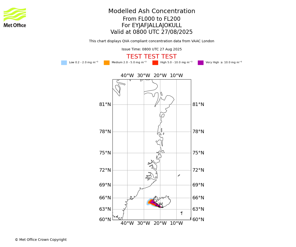 Modelled ash concentration from 000 to 200 for EYJAFJALLAJOKULL. Valid at 0800 UTC 27/08/2025