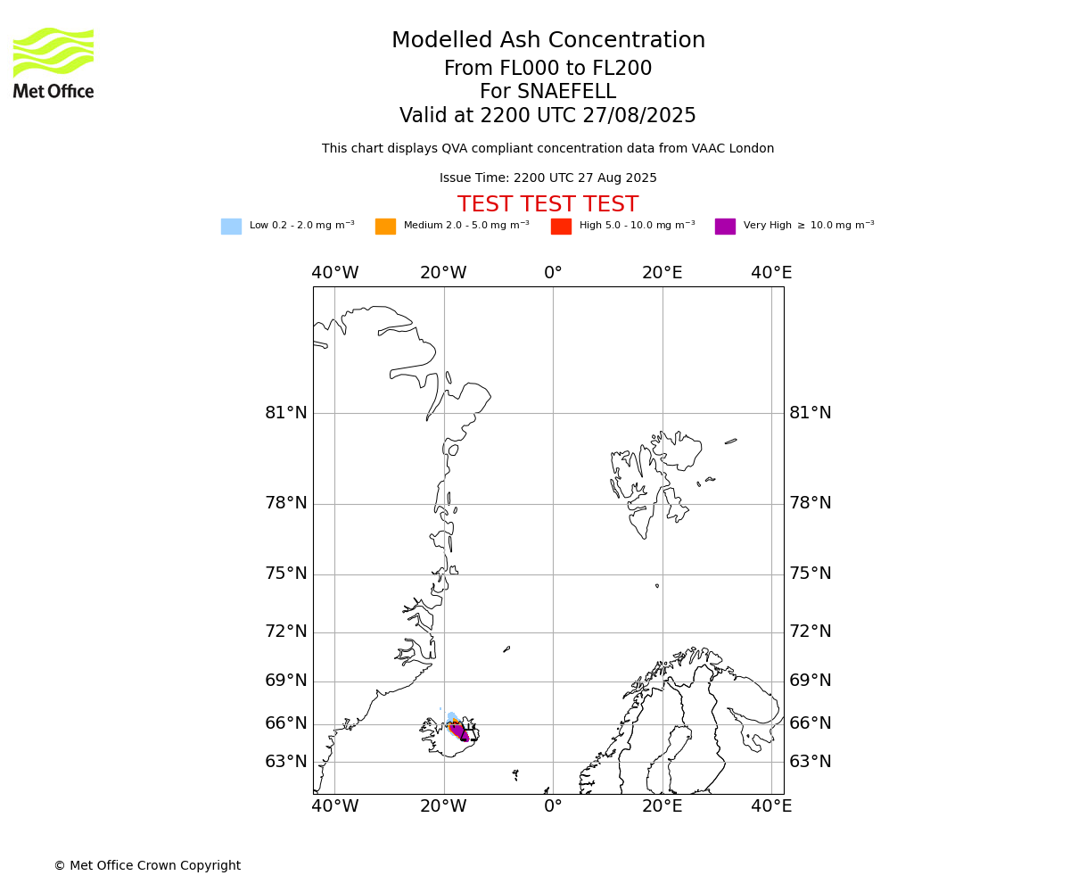 Modelled ash concentration from 000 to 200 for SNAEFELL. Valid at 2200 UTC 27/08/2025