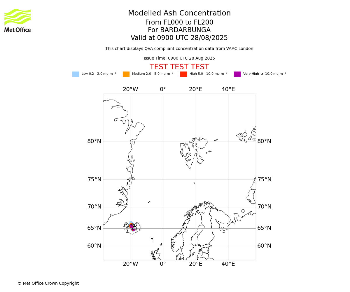 Modelled ash concentration from 000 to 200 for BARDARBUNGA. Valid at 0900 UTC 28/08/2025