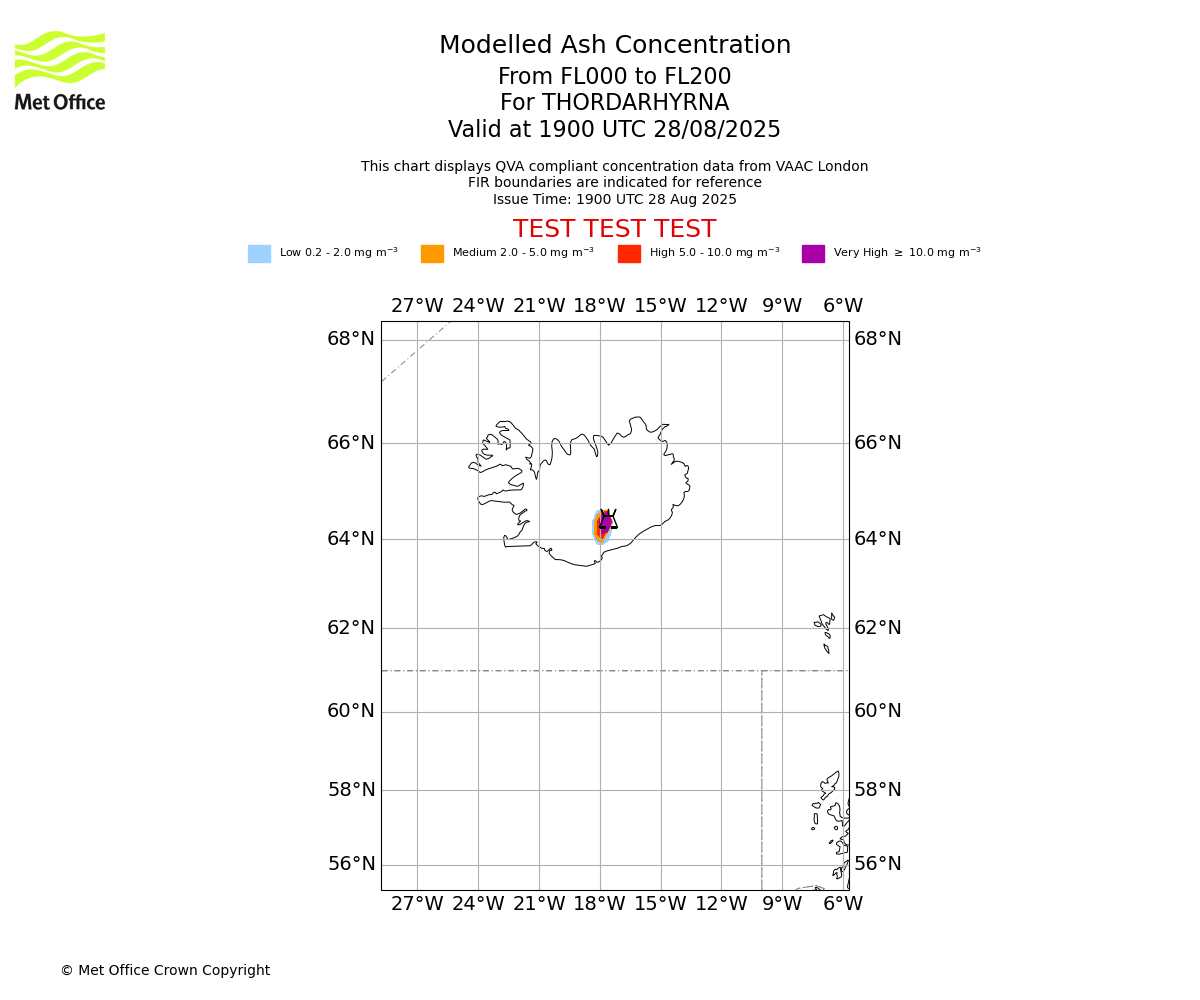 Modelled ash concentration from 000 to 200 for THORDARHYRNA. Valid at 1900 UTC 28/08/2025