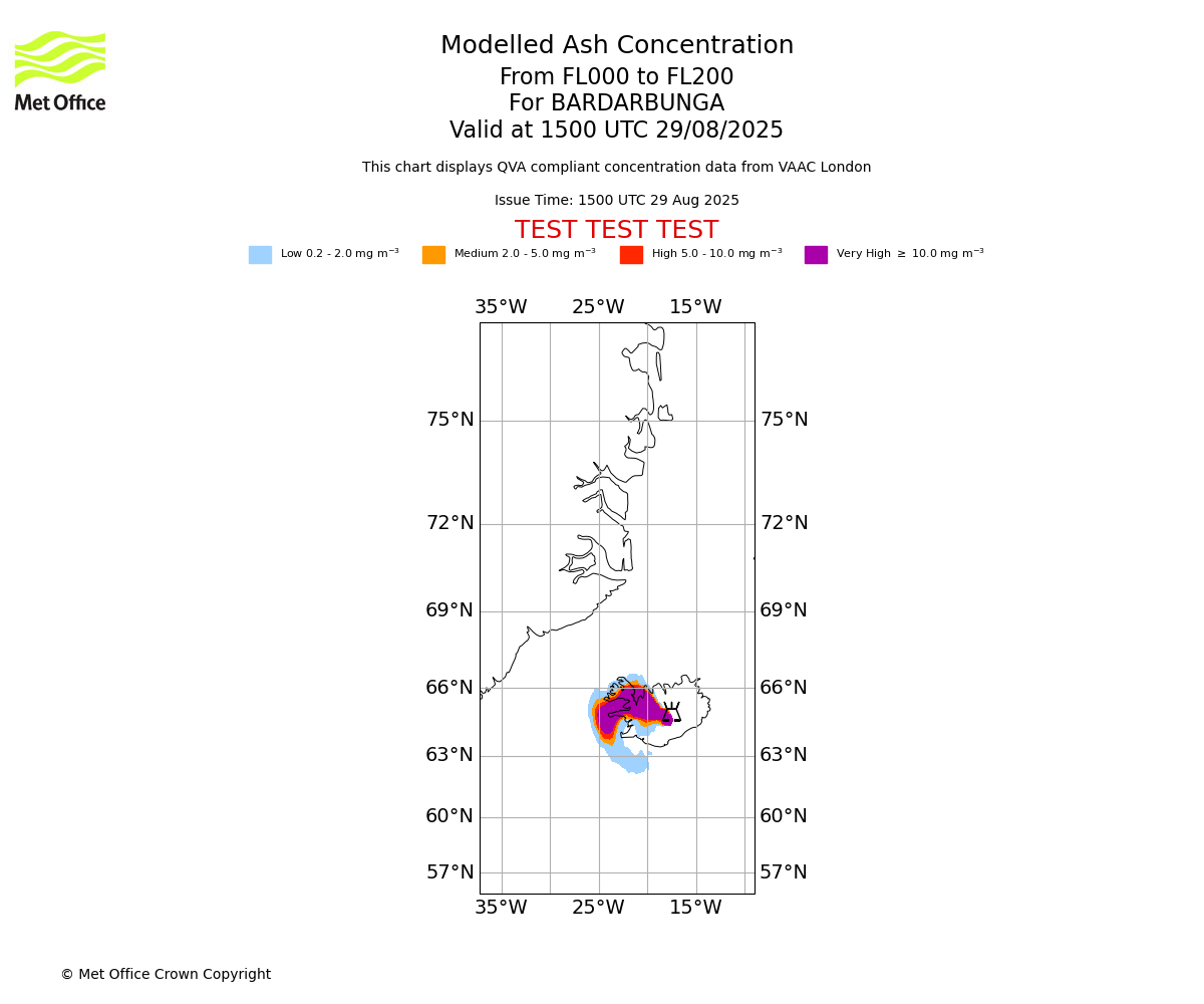 Modelled ash concentration from 000 to 200 for BARDARBUNGA. Valid at 1500 UTC 29/08/2025