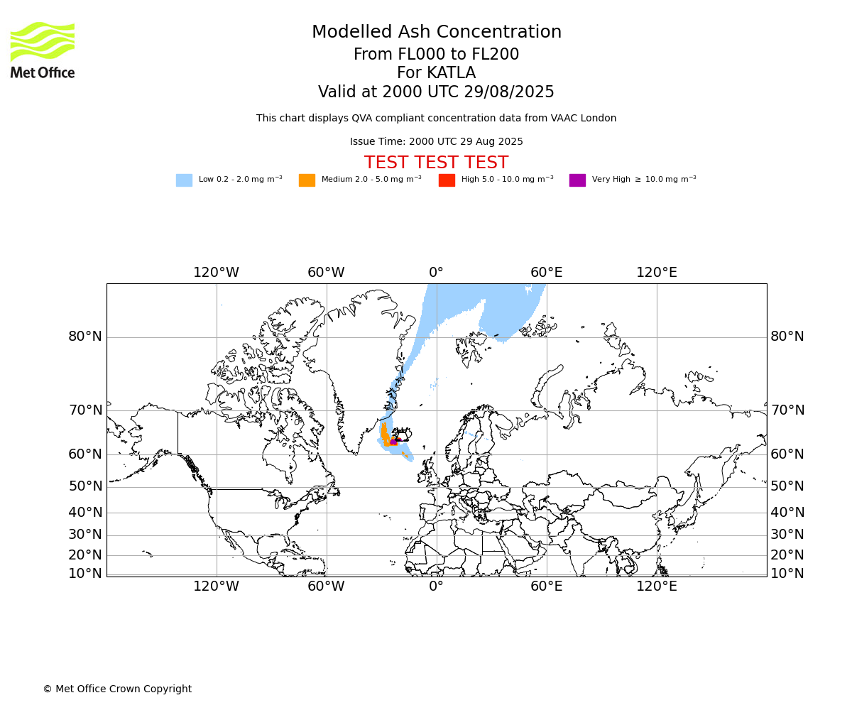 Modelled ash concentration from 000 to 200 for KATLA. Valid at 2000 UTC 29/08/2025