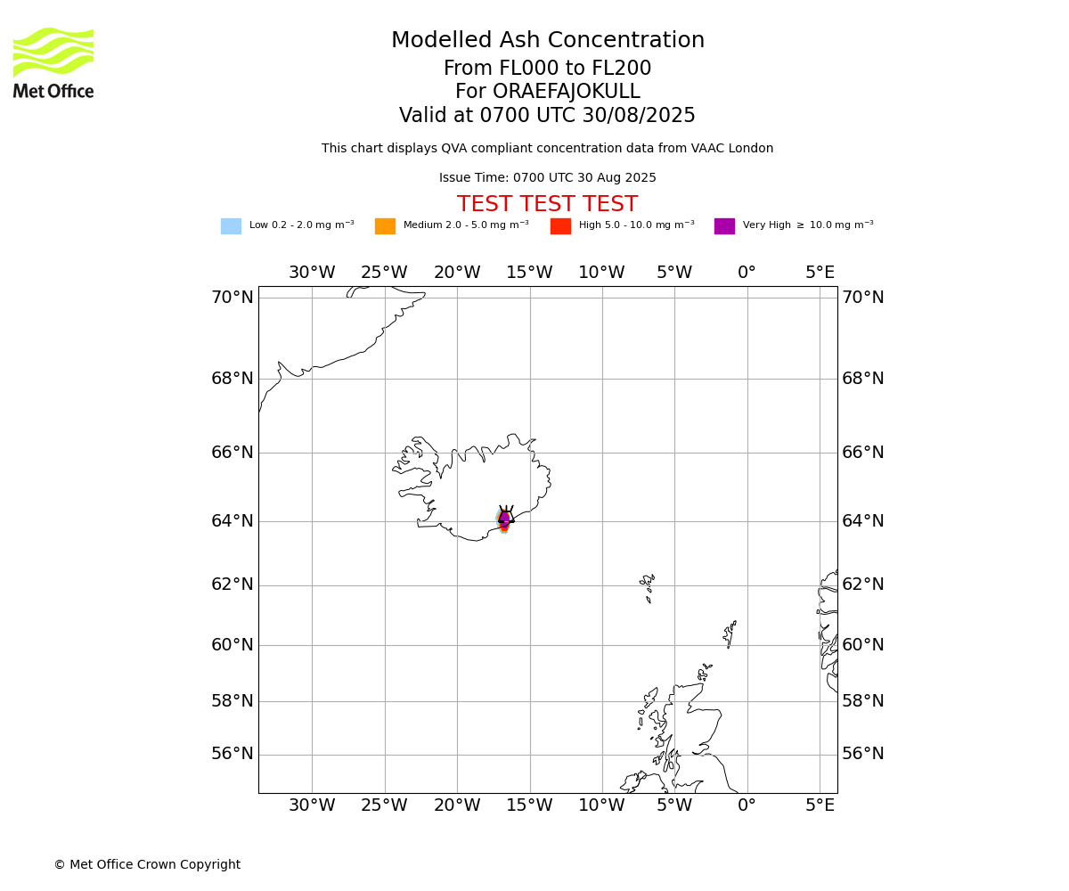Modelled ash concentration from 000 to 200 for ORAEFAJOKULL. Valid at 0700 UTC 30/08/2025