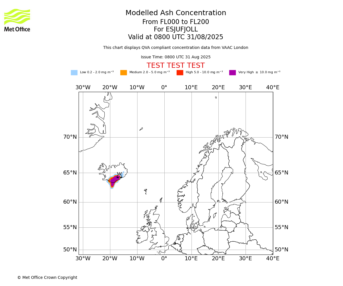 Modelled ash concentration from 000 to 200 for ESJUFJOLL. Valid at 0800 UTC 31/08/2025
