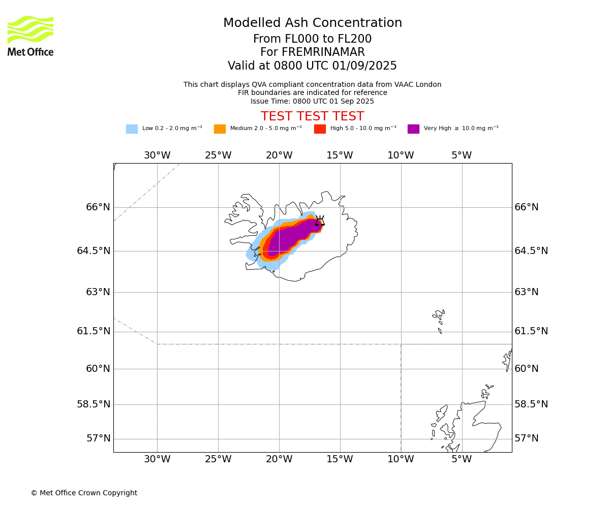 Modelled ash concentration from 000 to 200 for FREMRINAMAR. Valid at 0800 UTC 01/09/2025
