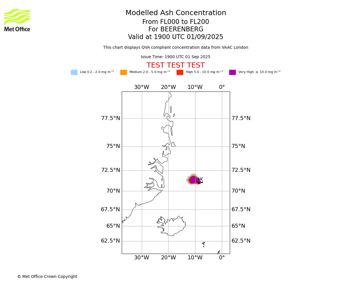 Modelled ash concentration from 000 to 200 for BEERENBERG. Valid at 1900 UTC 01/09/2025
