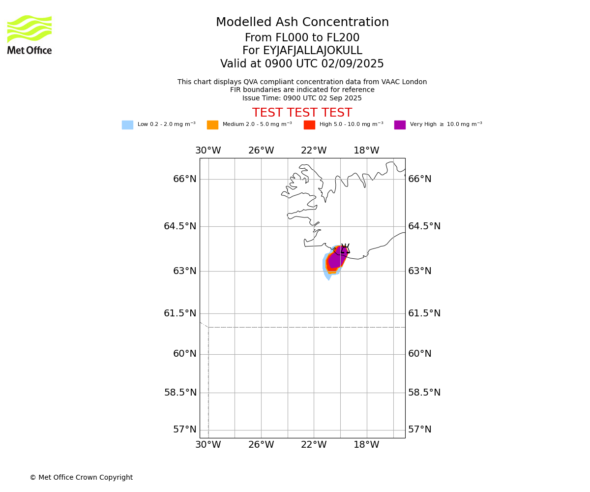 Modelled ash concentration from 000 to 200 for EYJAFJALLAJOKULL. Valid at 0900 UTC 02/09/2025